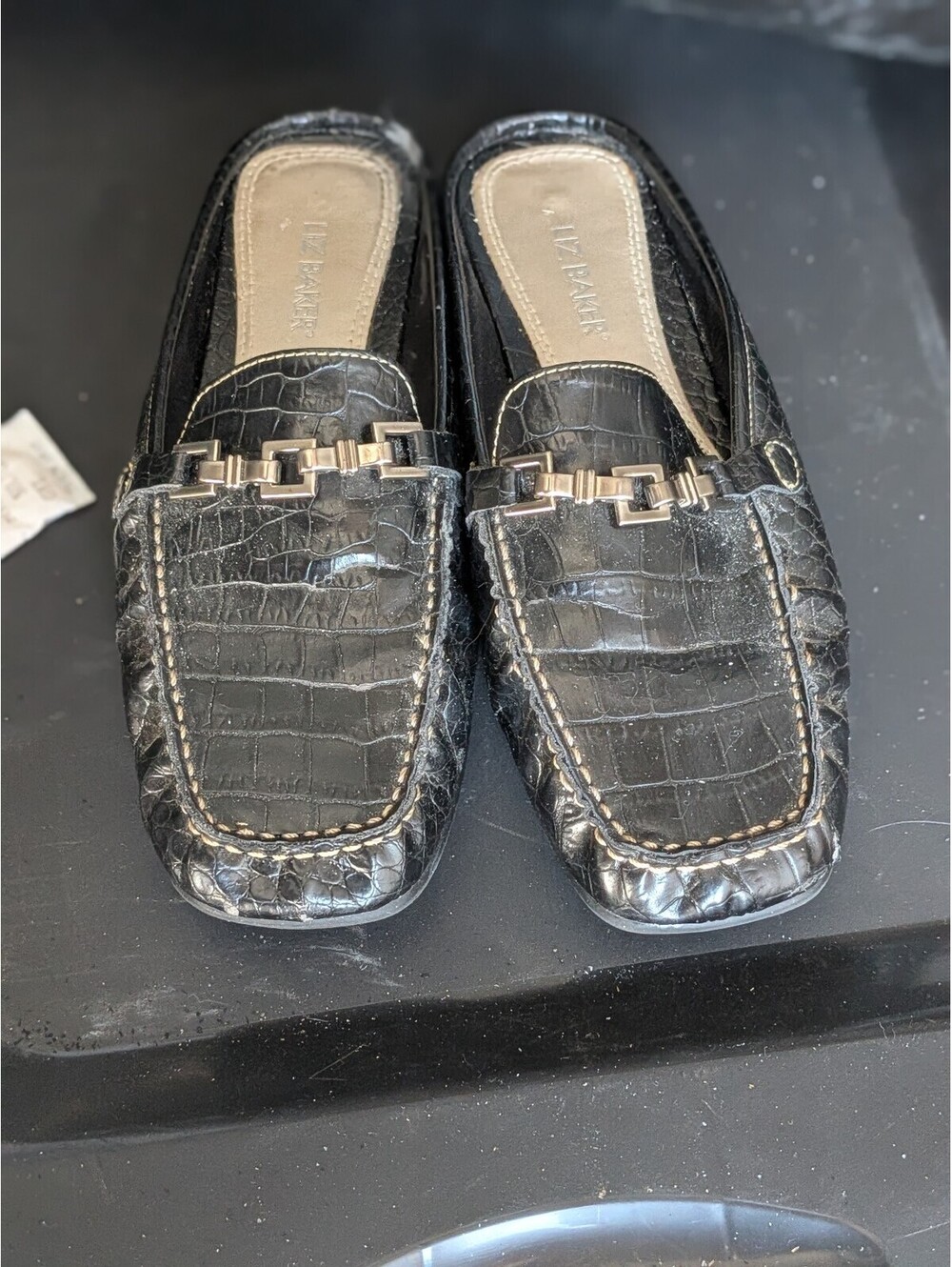 Liz Baker black croc embossed mule loafers